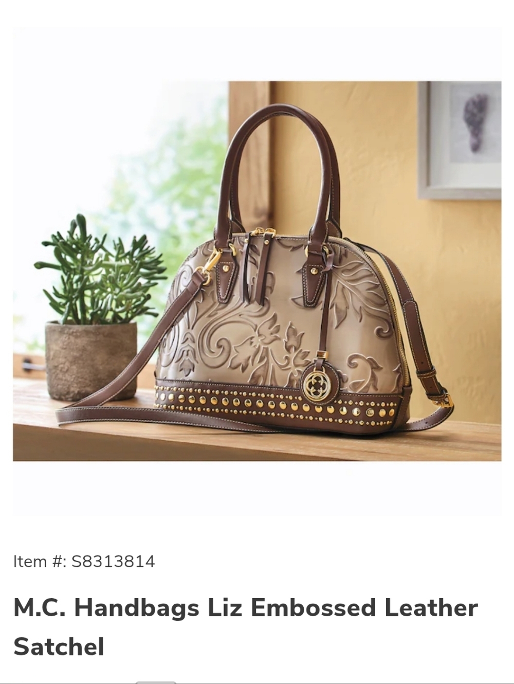 M.C Handbags Embossed Leather Satchel in Beige and Brown.